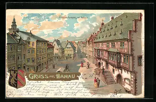 Lithographie Hanau, Altstädter Marktplatz mit Rathaus