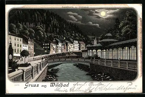 Lithographie Wildbad, Blick in die Olgastrasse mit der Trinkhalle