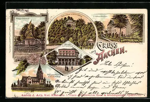 Lithographie Aachen, Belvedere und Lousberg, Linzenshäuschen, Kriegerdenkmal
