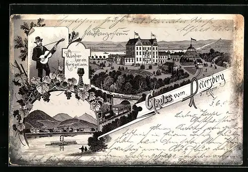 Lithographie Königswinter, Hotel Petersberg, Rheinpartie