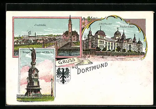 Künstler-AK Dortmund, Stadthafen, Theater Fredenbaum, Kriegerdenkmal 1870 /71, Wappen