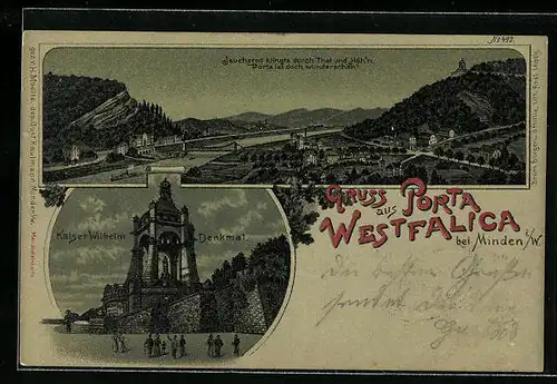 Lithographie Porta Westfalica, Kaiser Wilhelm Denkmal, Totalansicht