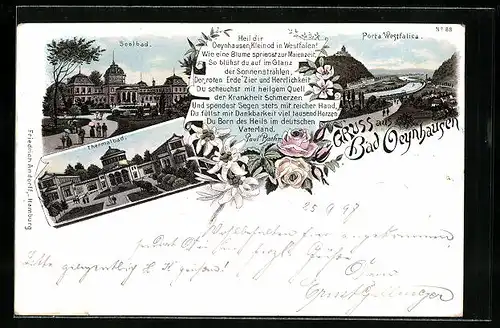 Lithographie Bad Oeynhausen, Soolbad, Thermalbad und Porta Westfalica