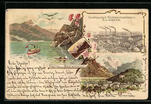 Lithographie Interlaken, Ortsansicht mit Brienzersee, Hofmann`s Stärkefabriken Salzuflen