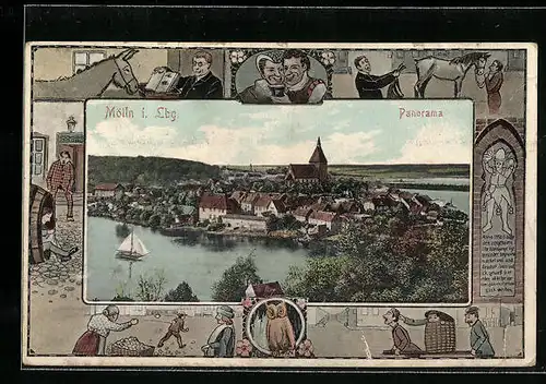 Passepartout-AK Mölln i. Lbg., Ortsansicht aus der Vogelschau, Szenen mit Till Eulenspiegel