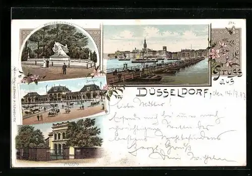 Lithographie Düsseldorf, Hafenpartie, Kriegerdenkmal und Bahnhof