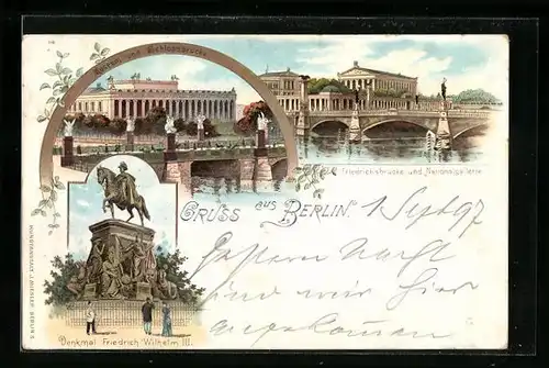 Lithographie Berlin, Museum und Schlossbrücke, Friedrichsbrücke und Nationalgallerie, Denkmal Friedrich Wilhelm III