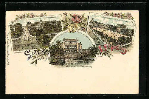 Lithographie Leipzig, Augustplatz und neues Theater, Goethestrasse, Neues Theater und Schwanenteich