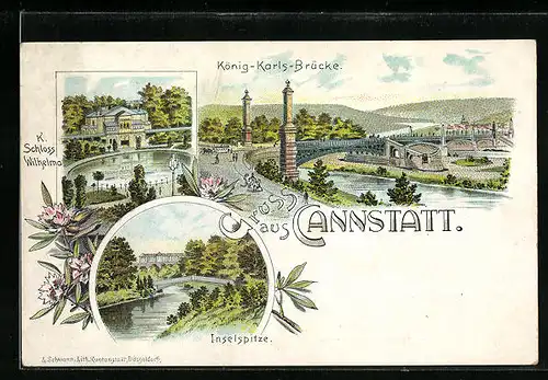 Lithographie Cannstatt, K. Schloss Wilhelma, König-Karls-Brücke, Inselspitze