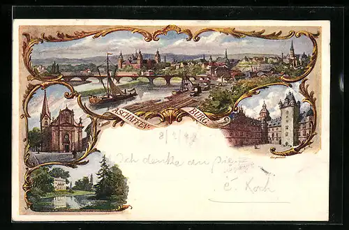 Lithographie Aschaffenburg, Totalansicht, Kirche und Marktplatz