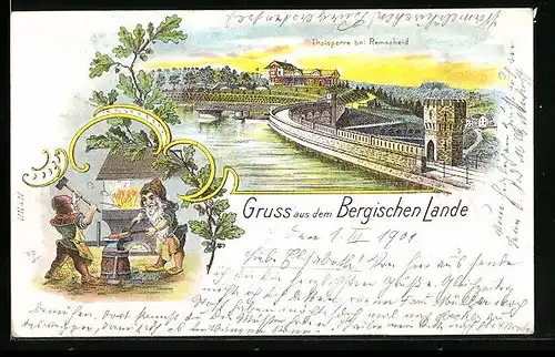 Lithographie Remscheid /Bergisches Land, Talsperre, Zwerge mit Hammer und Amboss