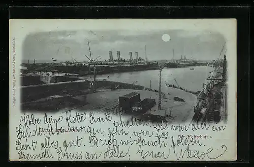 Mondschein-AK Lehe, Kaiserhafen im Vollmondlicht