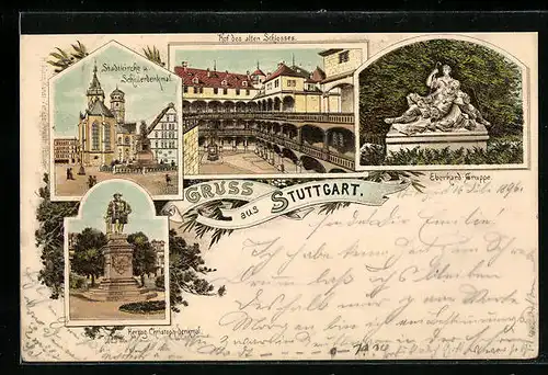 Lithographie Stuttgart, Stadtkirche, Schillerdenkmal und Eberhard-Gruppe