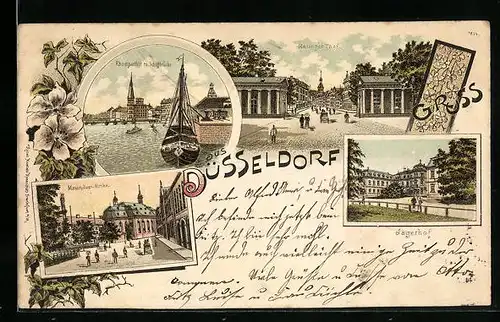 Lithographie Düsseldorf, Rheinpartie mit Schiffbrücke, Jägerhof u. Ralinger Thor