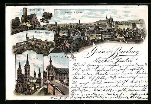 Lithographie Bamberg, Altenburg, Dom und Rathaus