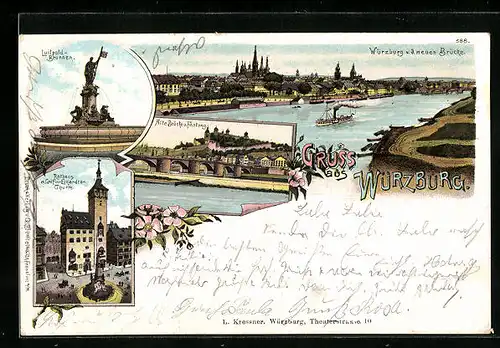 Lithographie Würzburg, Uferpartie mit d. neuen Brücke, Luitpold-Brunnen, Rathaus m. Gräfin-Eckardts-Thurm