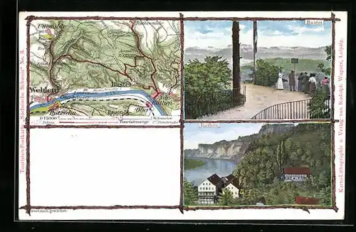 AK Rathen, Bastei und Karte der Touristenwege