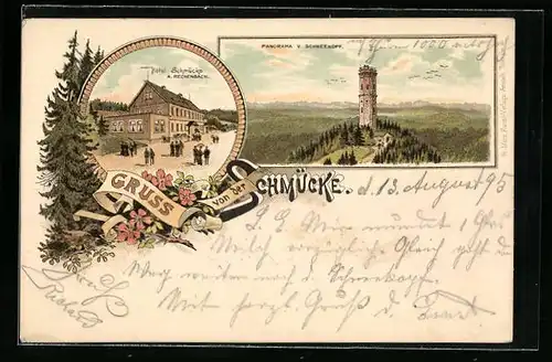 Vorläufer-Lithographie Schmücke, 1895, Hotel Schmücke, Inh. A. Reichenbach und Panorama vom Schneekopf