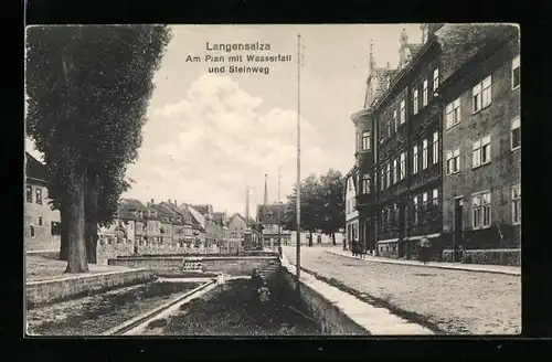 AK Langensalza, Strasse am Plan mit Wasserfall und Steinweg