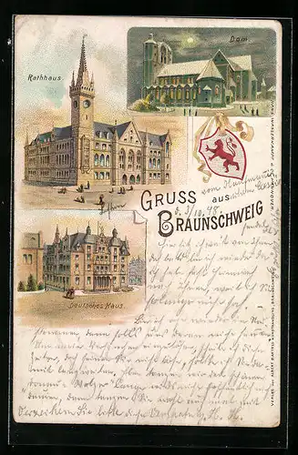 Lithographie Braunschweig, Deutsches Haus, Rathaus, Dom bei Vollmond, Wappen