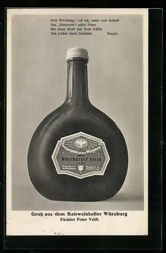 AK Würzburg, Bocksbeutel-Weinflasche Würzburger Stein von 1921, Reklame Gasthaus Ratsweinkeller P. Vaitl