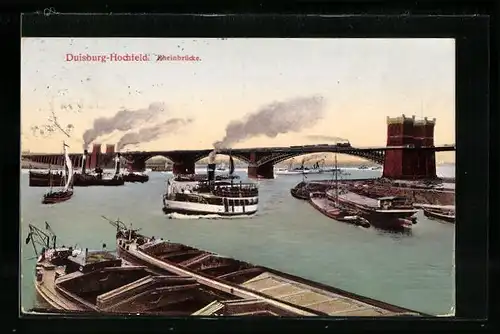 AK Duisburg-Hochfeld, Rheinbrücke und Schiffe