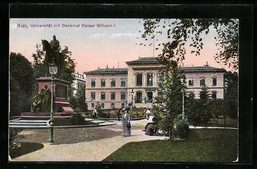 AK Kiel, Universität mit Denkmal Kaiser Wilhelm I.