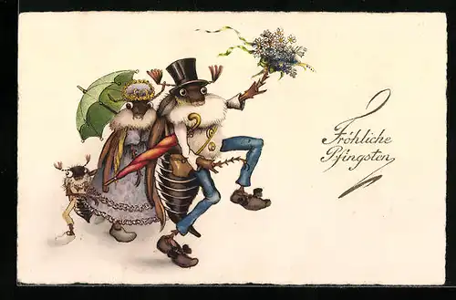 Künstler-AK Pfingstgruss, Maikäferfamilie in Kleidern