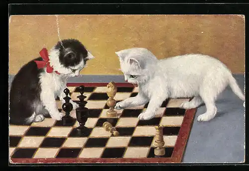 AK Zwei kleine Katzen spielen Schach, Brettspiel