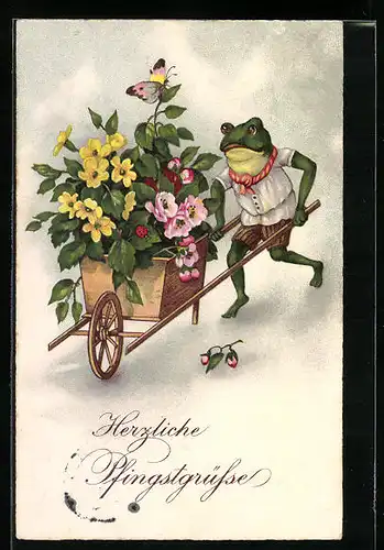 Künstler-AK Frosch mit Blumenschubkarre, vermenschlichte Tiere, Pfingstgruss