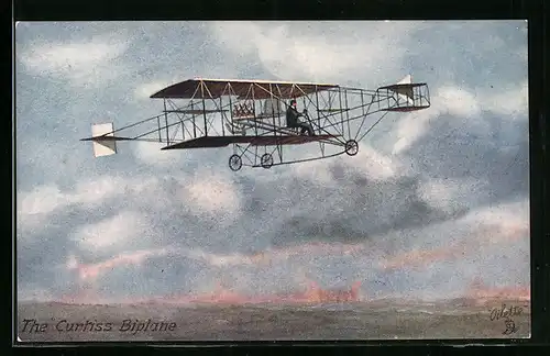 AK The Curtiss Biplane in the Air