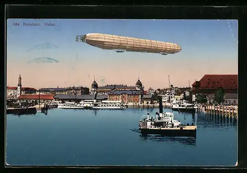 AK Konstanz, Hafen mit Zeppelin, Luftschiff