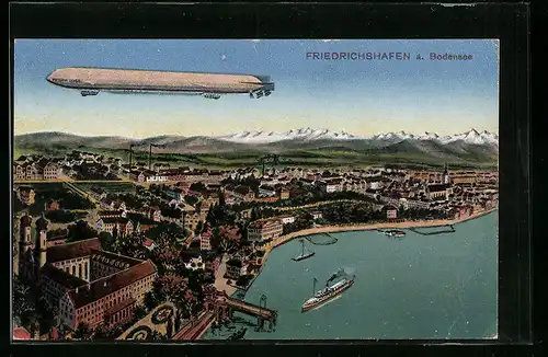 AK Friedrichshafen a. B., Totalansicht mit Zeppelin-Luftschiff