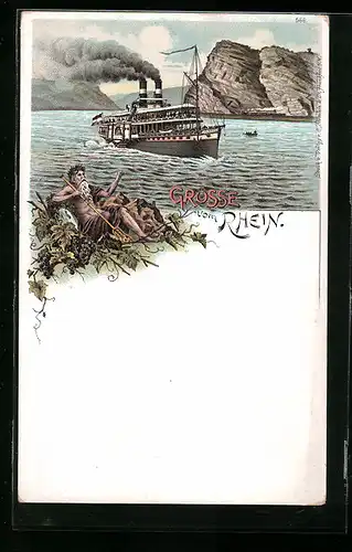 Lithographie Vater Rhein und Rheindampfer