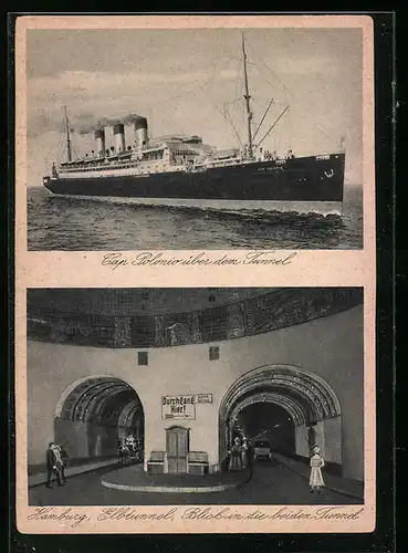 AK Hamburg-St. Pauli, Blick in die beiden Elbtunnel, Dampfer Cap Polonio über dem Tunnel