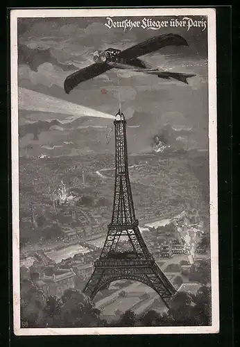 Künstler-AK Deutscher Flieger über dem Eifelturm in Paris