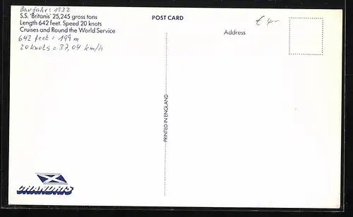 AK Passagierschiff SS Britanis auf See