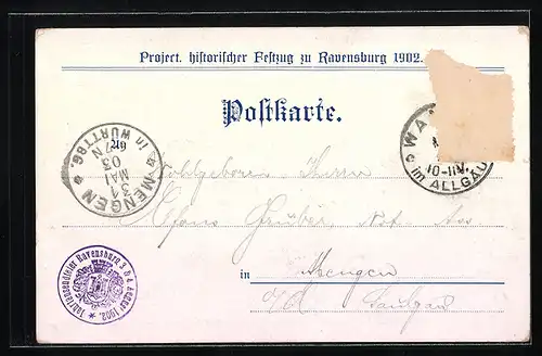 AK Ravensburg, Project. histor. Festzug 1902, No. 3, Römer 58 v. Chr. bis 208 n. Chr.