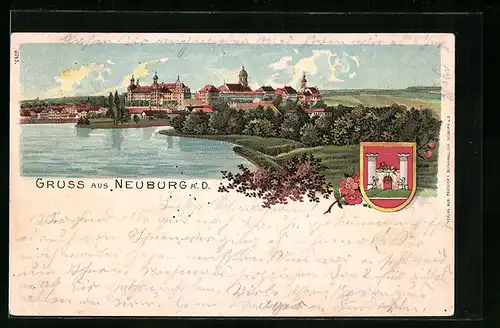 Lithographie Neuburg a. D., Gesamtansicht mit Schloss und Wappen