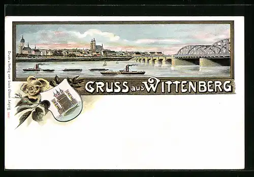 Lithographie Wittenberg, Uferpartie mit Brücke, Wappen