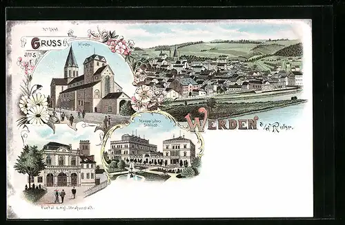 Lithographie Werden a. der Ruhr, Krupp`sches Schloss, Portal der Kgl. Strafanstalt, Kirche