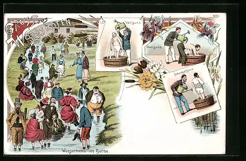 Lithographie Wörishofen, Wassertreten im Bache, Schenkelguss, Oberguss, Badekultur