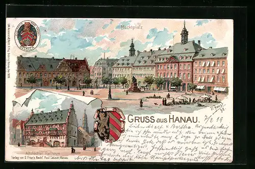 Lithographie Hanau, Marktplatz, Altstädter Rathaus, Wappen