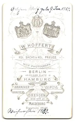 Fotografie W. Höffert, Berlin, kleines Mädchen Gretchen Wolf, 1889