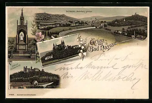 Lithographie Bad Nassau, Teilansicht vom Niederberg gesehen, Kloster Arnstein, Schloss Schaumburg