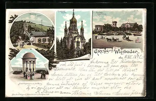 Lithographie Wiesbaden, Neroberg-Restauration, Griechische Kapelle, Neroberg-Bahn, Aussichtstempel a. d. Neroberg