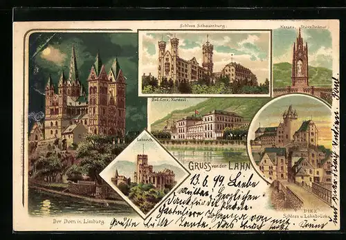 Lithographie Bad Ems /Lahn, Kursaal Bad Ems, Der Dom in Limburg bei Mondschein, Schloss Schaumburg