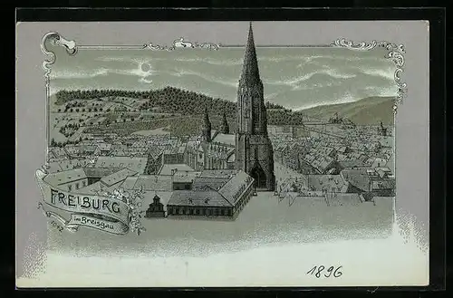 Mondschein-Lithographie Freiburg im Breisgau, Teilansicht mit Kirche