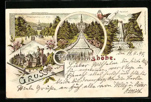 Lithographie Kassel-Wilhelmshöhe, Cascaden, Aquaduct, Löwenburg, Wilhelmshöhe v. d. Allee gesehen