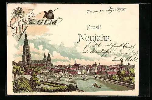 Lithographie Ulm, Uferpartie mit Münster, Neujahrsgruss